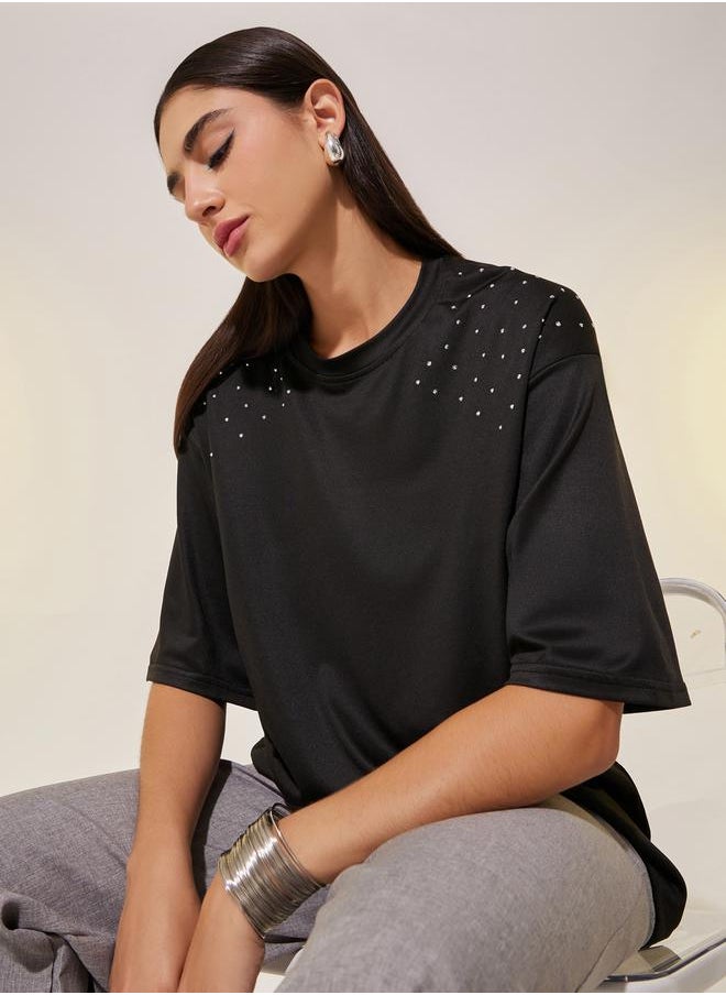 Take Two Women Black Studded Detail Short Sleeve Oversized T-Shirt  - Image 1