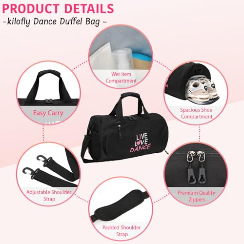 kilofly LIVE LOVE DANCE Girls Ballet Sports Gym Duffel Bag Travel Carry On 16.5 inch - Image 4