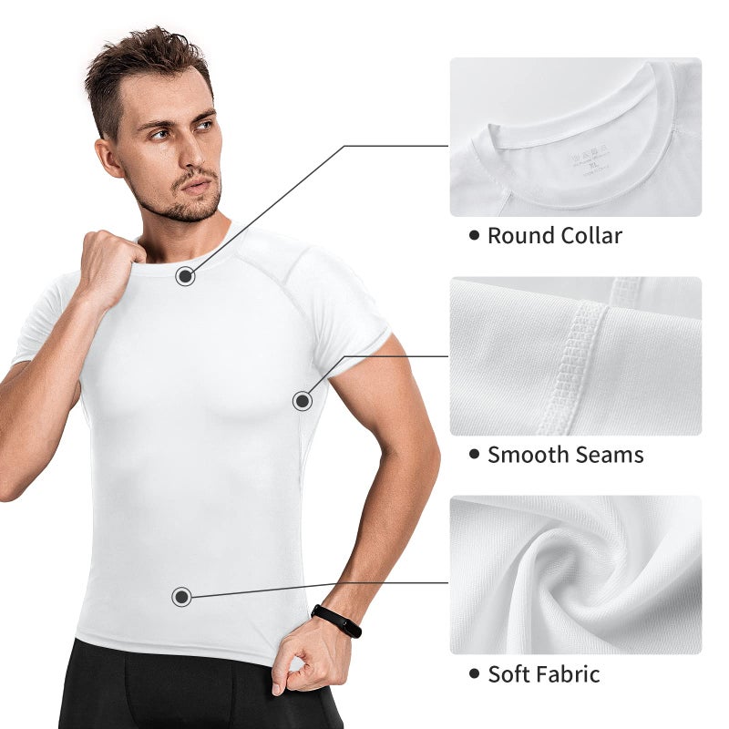 Niksa Men's Compression Shirts 3/5 Pack, Short Sleeve Athletic Compression Tops Cool Dry Workout T Shirt White - Image 4