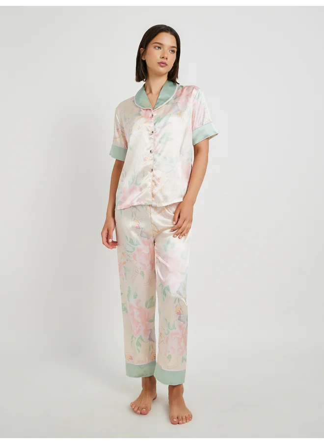 تايك تو Take Two Floral Print Short Sleeve Shirt and Pyjama Set