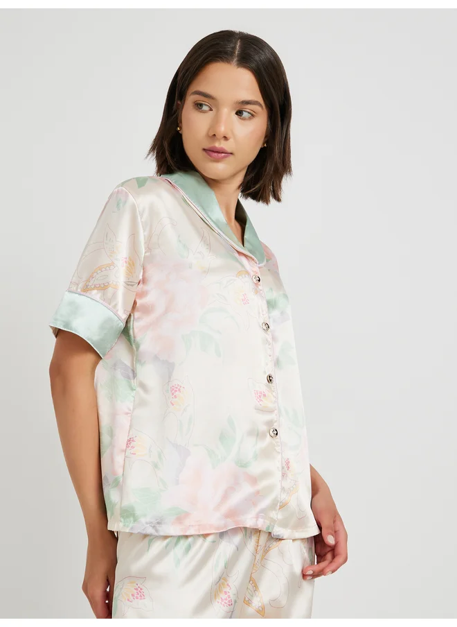 تايك تو Take Two Floral Print Short Sleeve Shirt and Pyjama Set