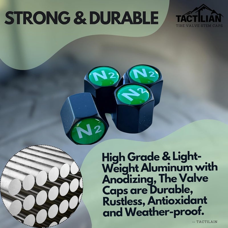 Tactilian N2 Nitrogen Tire Valve Caps | Leakproof Aluminum Tire Valve Stem Caps Green with Rubber O-Rings for Nitrogen Filled Tires | N2 Tire Valve Caps Green 4 Pack - Image 5