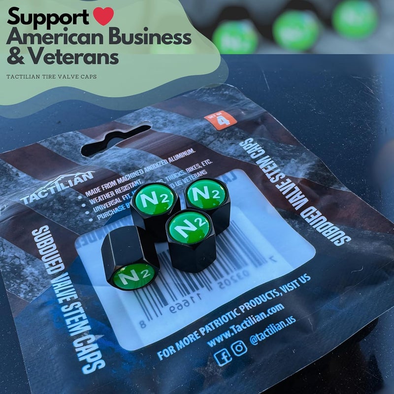 Tactilian N2 Nitrogen Tire Valve Caps | Leakproof Aluminum Tire Valve Stem Caps Green with Rubber O-Rings for Nitrogen Filled Tires | N2 Tire Valve Caps Green 4 Pack - Image 4
