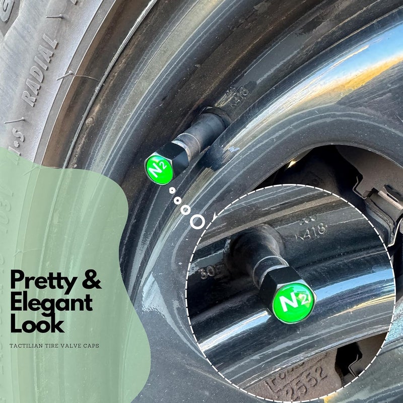 Tactilian N2 Nitrogen Tire Valve Caps | Leakproof Aluminum Tire Valve Stem Caps Green with Rubber O-Rings for Nitrogen Filled Tires | N2 Tire Valve Caps Green 4 Pack - Image 2