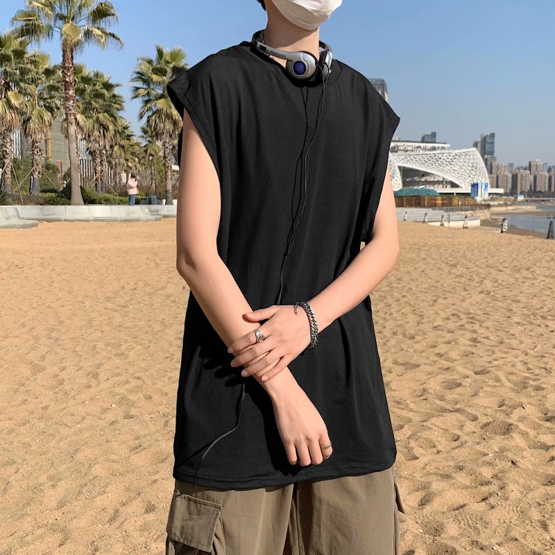 Hong Kong Style ins Summer Trendy Base Shirt Loose Sports Vest Sleeveless T-shirt Men's Korean-style Short-sleeved Outer Wear Solid Color Top - Image 5