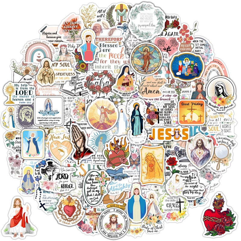 DeaDamHaDa 200 Pcs Catholic Stickers for Water Bottles, Jesus Bible Verse Stickers for Kids Adults Saints Catholic Gifts Decals for Laptop Journal Religious Sacred Heart Virgin Mary Missa - Image 1
