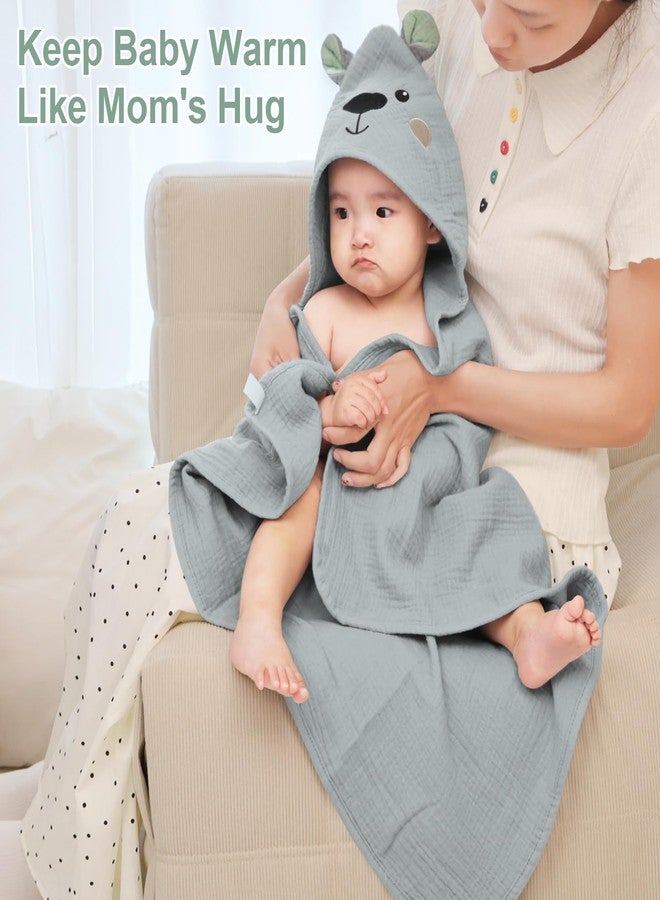 FIOBEE منشفة أطفال بغطاء فايوبى 100% موسلين، منشفة استحمام للأطفال حديثي الولادة بتصميم حيوانات، أساسية استحمام فائقة النعومة وامتصاص للأطفال، للجنسين، بنات وأولاد، 30 × 30 بوصة، دب رمادي - Image 3