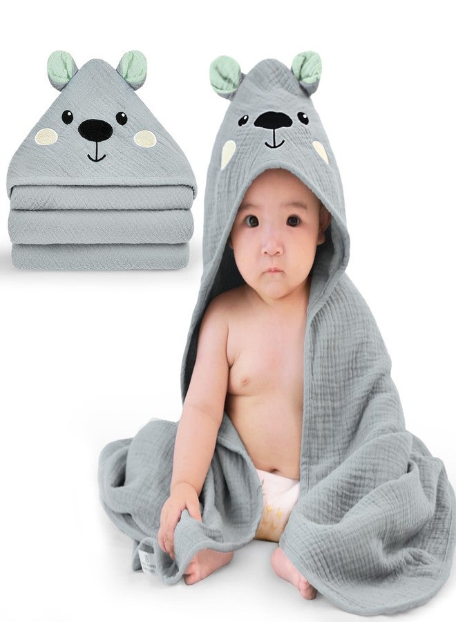 FIOBEE منشفة أطفال بغطاء فايوبى 100% موسلين، منشفة استحمام للأطفال حديثي الولادة بتصميم حيوانات، أساسية استحمام فائقة النعومة وامتصاص للأطفال، للجنسين، بنات وأولاد، 30 × 30 بوصة، دب رمادي - Image 1