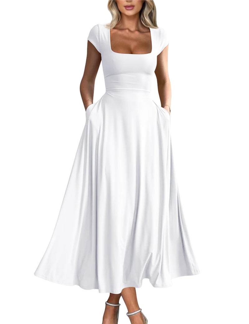 YMDUCH Women's Casual Short Sleeve Square Neck Solid Slim Flowy Maxi Dress with Pockets White - Image 1
