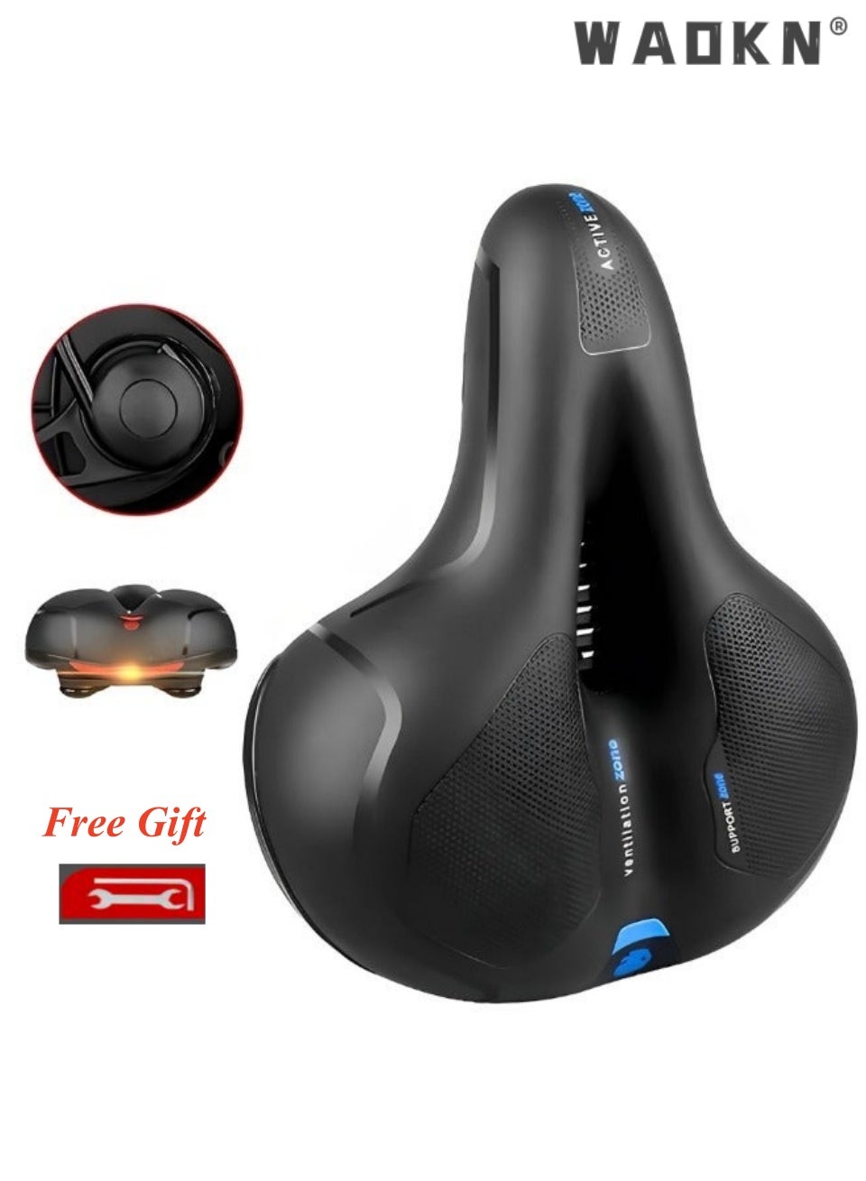 Comfortable Waterproof Wide Bicycle Saddle With Dual Shock Absorbing Balls, Memory Foam Padded Breathable Hollow Bike Seat Cushion, Night Riding Reflective Design, Non Slip Leather Universal Bike Seat For Men Women, Fit Mountain Road E-Bike， Indoor ，Exercise，Road  Bike Seat cover，Comes With Installation Wrench, Size 26*20*10cm,black&blue