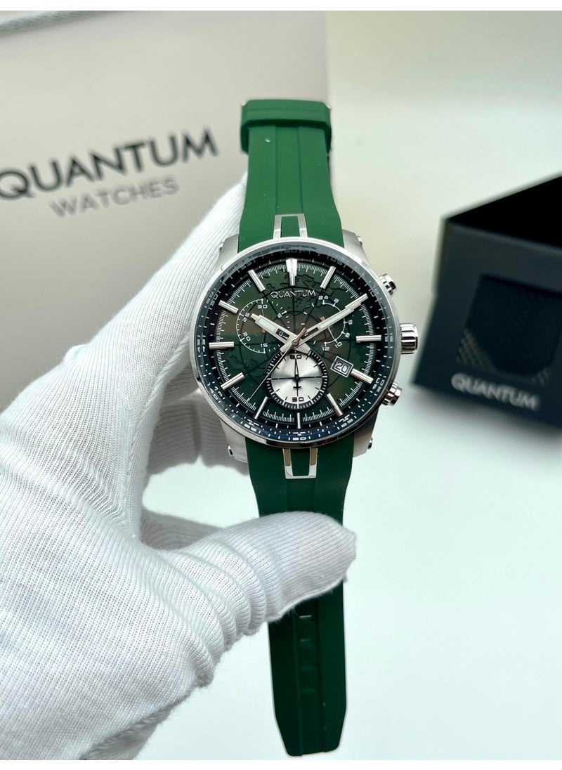 Quantum Men's New Model Silicone Green Color Original Wristwatch with Functional Calendar + Genuine Leather Card Holder Wallet Gift  - Image 1