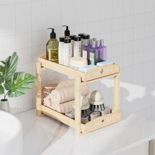 APRTAT 2 Pack Under Sink Organizer, Bamboo Wooden 2-Tier Pull-Out Storage with Sliding Drawers for Kitchen and Bathroom Cabinets, Easy Installation (Natural) - Image 5