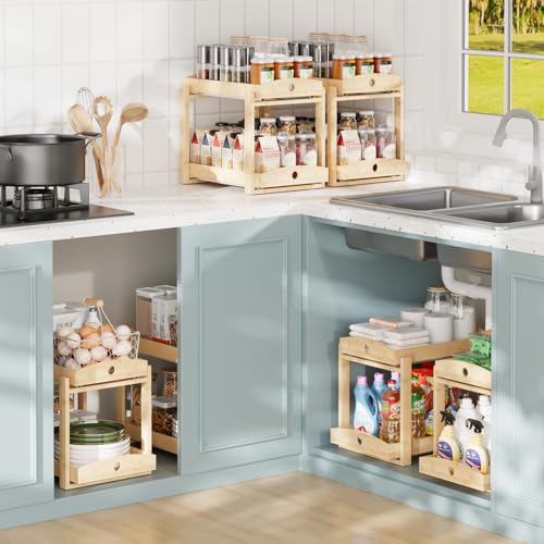 APRTAT 2 Pack Under Sink Organizer, Bamboo Wooden 2-Tier Pull-Out Storage with Sliding Drawers for Kitchen and Bathroom Cabinets, Easy Installation (Natural) - Image 3