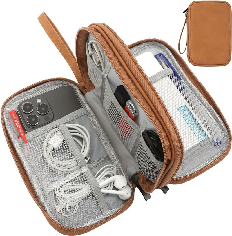 CAAORDKSO Travel Cable Organizer Pouch Electronic Accessories Carry Case Water Resistant Accessories Organizer Pouch Bag for Cable, Cord, Charger, USB, Phone, Power Bank, Earphone (Brown, Medium) - Image 1
