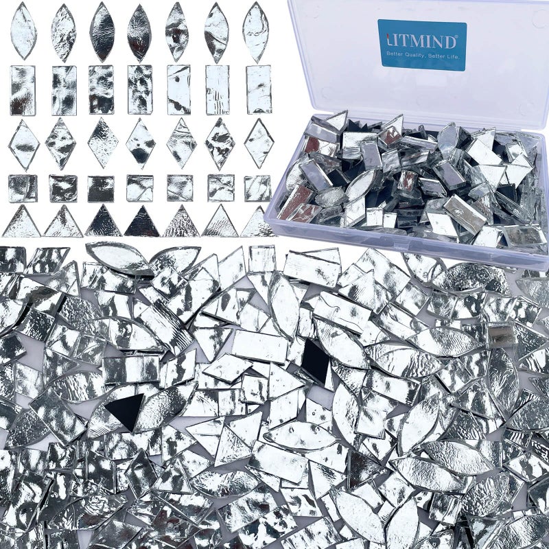 LITMIND Silver Stained Glass Mirror Mosaic Tiles with Black Backing 240 Pieces in 5 Shapes Rectangle Triangle Rhombus Square Leaf Mixed Sizes for Crafts Mosaic Projects Home Dcor - Image 2