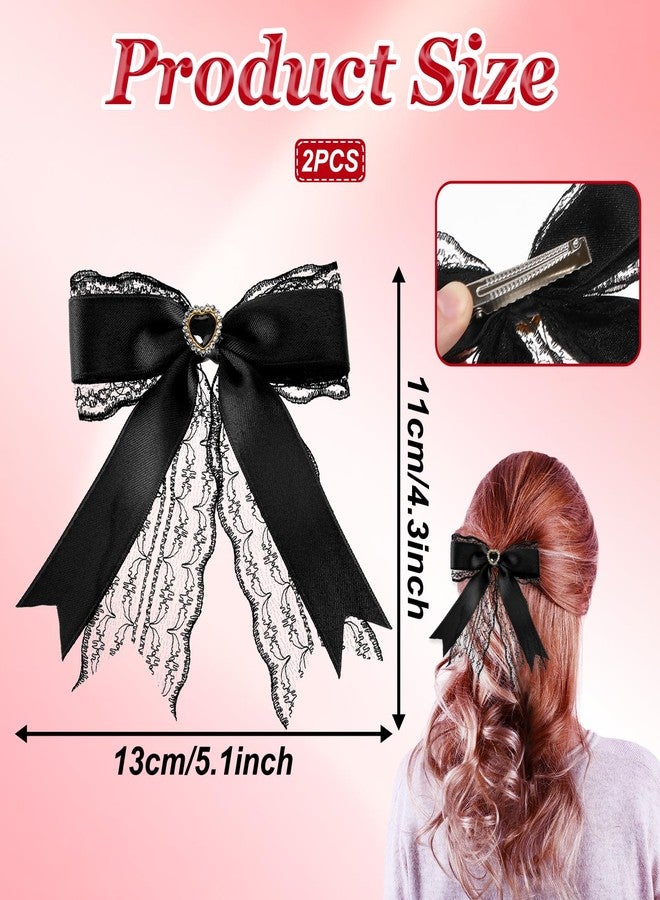JIYINJIYIN 2 Pcs Black Lace Hair Bow Clips for Women, Cute Lace Hair Bows Clips with Long Tail Ribbon for Wedding Gothic Dress Decor Accessories Bridal Shower Gift - Image 2