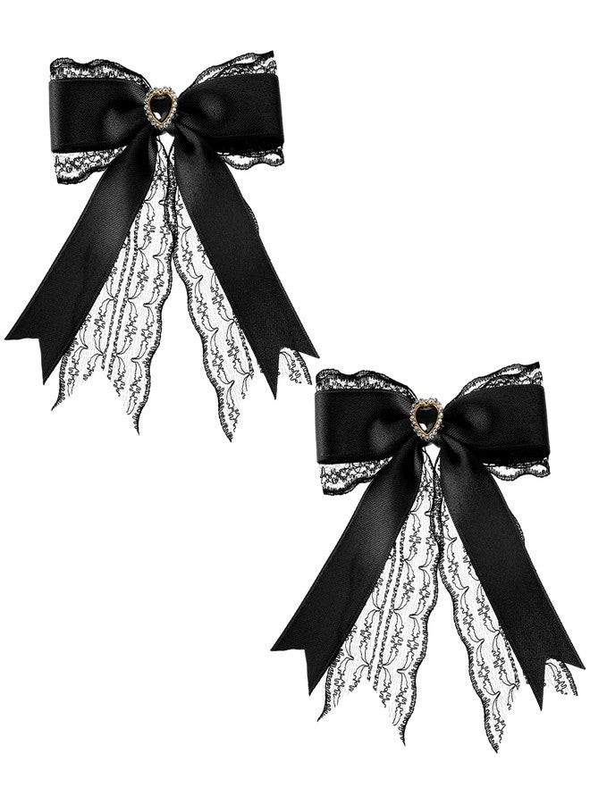 JIYINJIYIN 2 Pcs Black Lace Hair Bow Clips for Women, Cute Lace Hair Bows Clips with Long Tail Ribbon for Wedding Gothic Dress Decor Accessories Bridal Shower Gift - Image 1