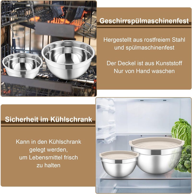 Herogo Mixing Bowl, Set of 5, Khaki, Stainless Steel Bowl with Airtight Lids, Metal Salad Bowl with 3 Grater Attachments for Preparing/Baking/Serving/Storage/Mixing, Dishwasher Safe - Image 5