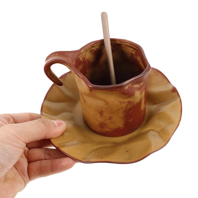 Classic Brown Ceramic Coffee Cup With Saucer Porcelain Milk Mug Set 1 Piece - Image 5