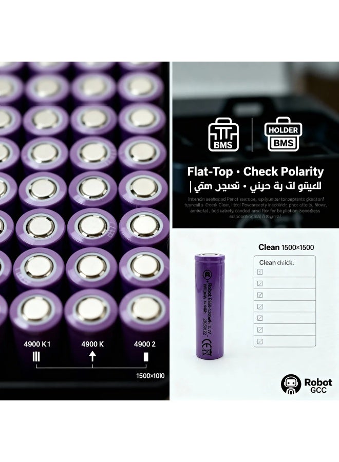 robotgcc 100 Pack 18650 Li-ion Battery 3.7 V 1200 mAh Flat Top | Verified Capacity Rechargeable Cells for STEM Education & FBA Global Warehousing - Image 4