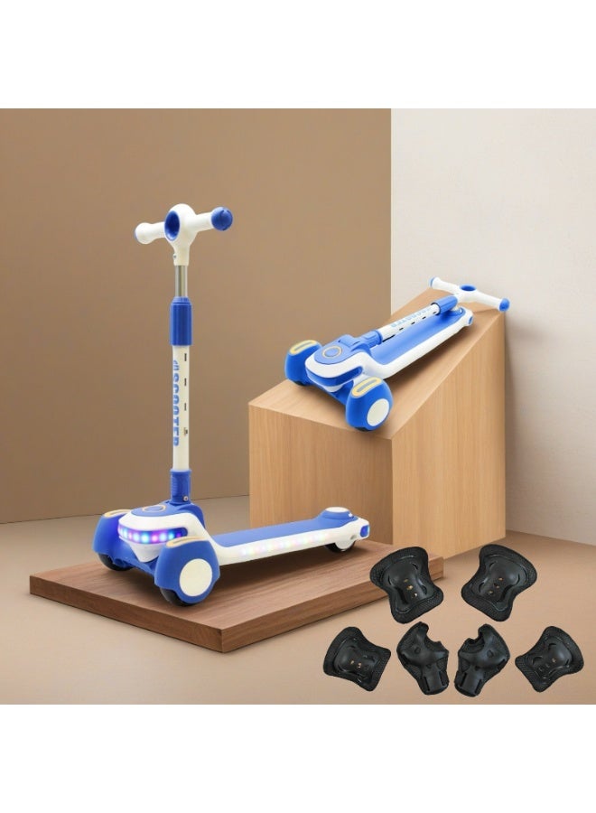 EASY FUTURE Kick Scooter with LED PU Wheels & Rear Brake & Music for Kids, Scooters for Kids with Foldable & Height Adjustable Handle for 3 to 8 Years Including Protective Gear Set - Image 1