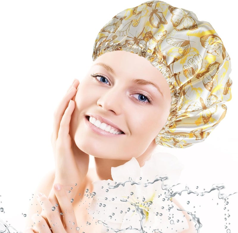 CHFONG Shower Cap for Women,4 PCS Elastic and Reusable Bath Caps, Double Layers Shower Caps Reusable Waterproof, Bathing Shower Caps, Environmental Bath Hair Protection Cap - Butterfly D - Image 2