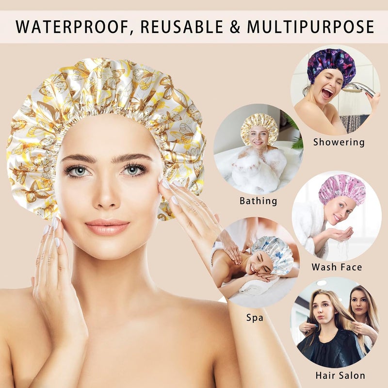 CHFONG Shower Cap for Women,4 PCS Elastic and Reusable Bath Caps, Double Layers Shower Caps Reusable Waterproof, Bathing Shower Caps, Environmental Bath Hair Protection Cap - Butterfly D - Image 3