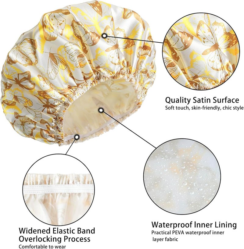 CHFONG Shower Cap for Women,4 PCS Elastic and Reusable Bath Caps, Double Layers Shower Caps Reusable Waterproof, Bathing Shower Caps, Environmental Bath Hair Protection Cap - Butterfly D - Image 5