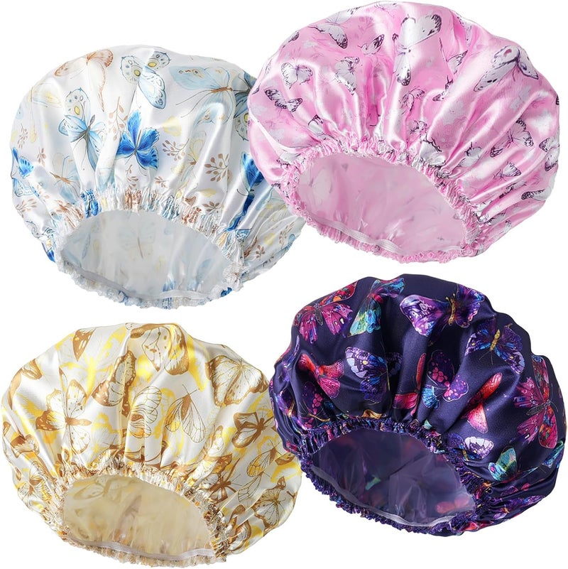 CHFONG Shower Cap for Women,4 PCS Elastic and Reusable Bath Caps, Double Layers Shower Caps Reusable Waterproof, Bathing Shower Caps, Environmental Bath Hair Protection Cap - Butterfly D - Image 1