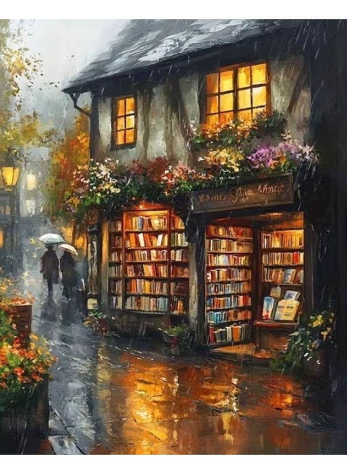Paint by Numbers Kit – Enchanting Rainy Night Bookshop with Flowers, Books and Warm Lights – Complete DIY Painting Set with Numbered Paints and 3 Brushes