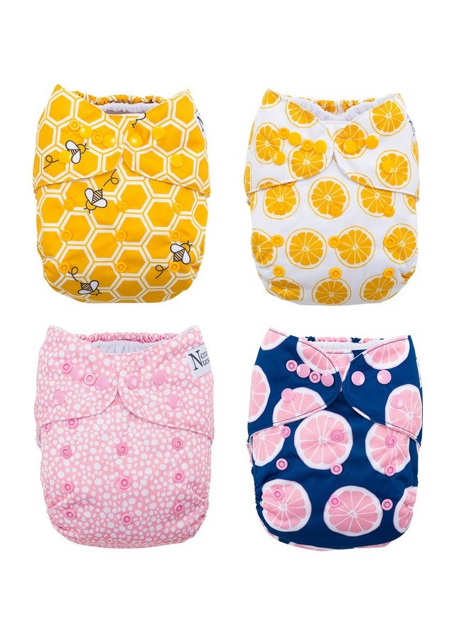 Nora's Nursery Cloth Pocket Diapers 4 Pack with 4 Inserts - Waterproof Cover, Washable, Reusable & One Size Adjustable Pocket Diapers for Newborns and Toddlers - The Bee's Knees - Image 1