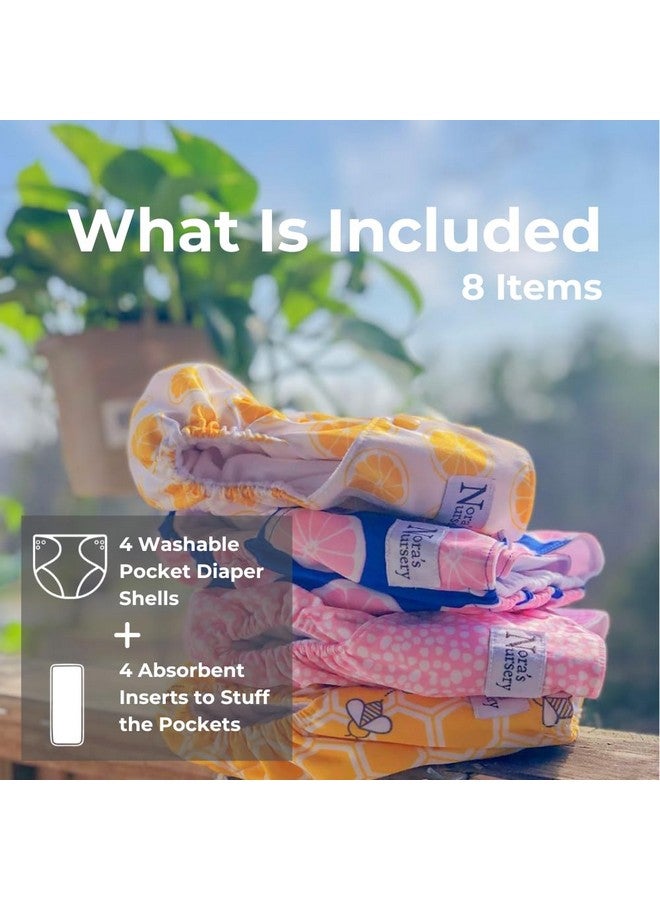 Nora's Nursery Cloth Pocket Diapers 4 Pack with 4 Inserts - Waterproof Cover, Washable, Reusable & One Size Adjustable Pocket Diapers for Newborns and Toddlers - The Bee's Knees - Image 2
