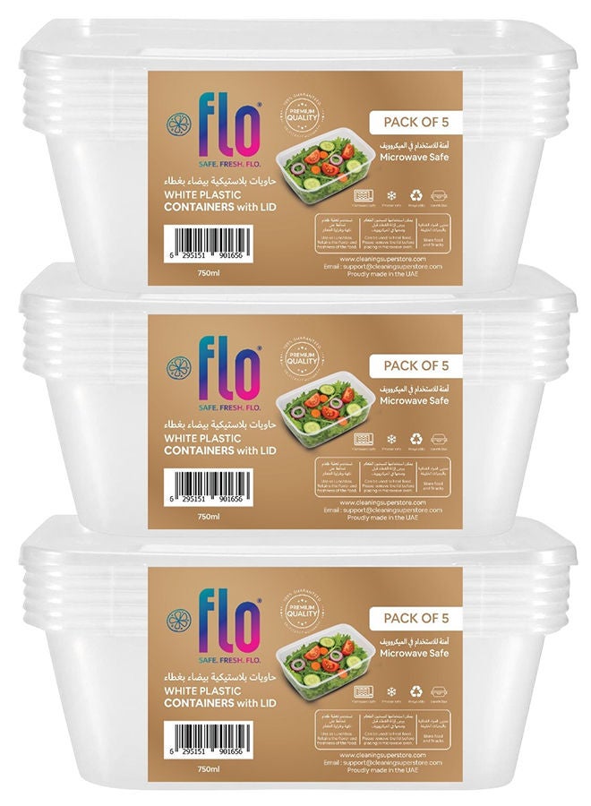 FLO Disposable Rectangle Microwave Food Containers with Lid, White Base, 700ml Pack of 5 x 3 - Image 1