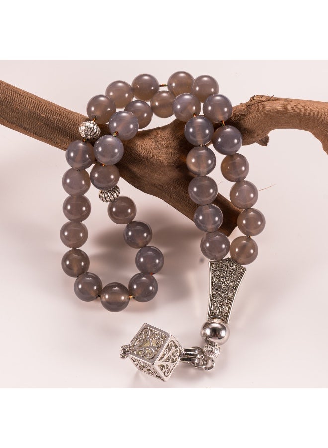 TranquilBeads 1 pc 33-Bead Gray Agate Worry Beads Bracelet with Glow Pendant, Smooth Polished Natural Stone, Stress Relief & Focus Accessory, Elegant Gift Box for Men & Women - Image 3