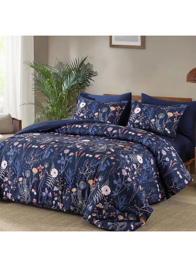 YIRAN Blue Floral Comforter Set King Size, 7 Piece Navy Comforter Bedding Set, Farmhouse Bed in a Bag, Soft Microfiber Complete Bedding Set with Sheets for All Season - Image 2
