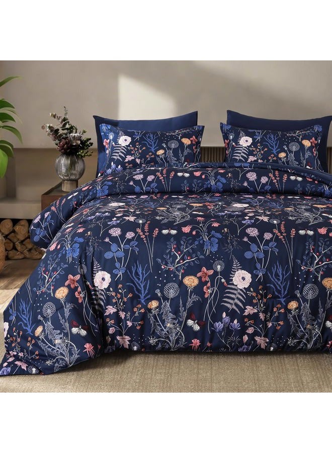 YIRAN Blue Floral Comforter Set King Size, 7 Piece Navy Comforter Bedding Set, Farmhouse Bed in a Bag, Soft Microfiber Complete Bedding Set with Sheets for All Season - Image 1