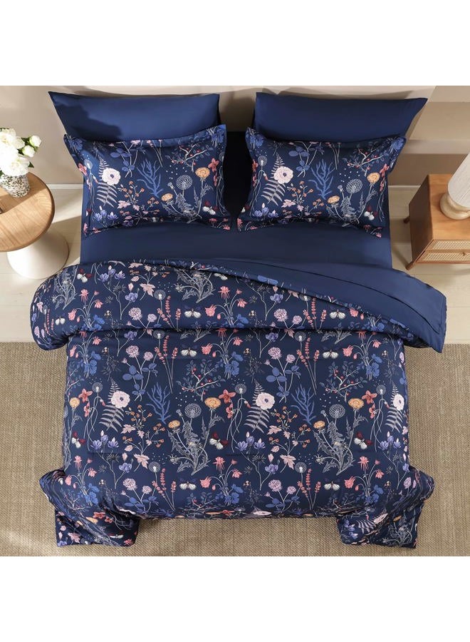 YIRAN Blue Floral Comforter Set King Size, 7 Piece Navy Comforter Bedding Set, Farmhouse Bed in a Bag, Soft Microfiber Complete Bedding Set with Sheets for All Season - Image 3