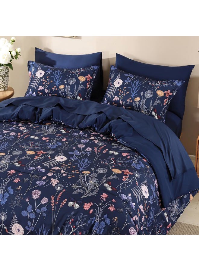 YIRAN Blue Floral Comforter Set King Size, 7 Piece Navy Comforter Bedding Set, Farmhouse Bed in a Bag, Soft Microfiber Complete Bedding Set with Sheets for All Season - Image 5