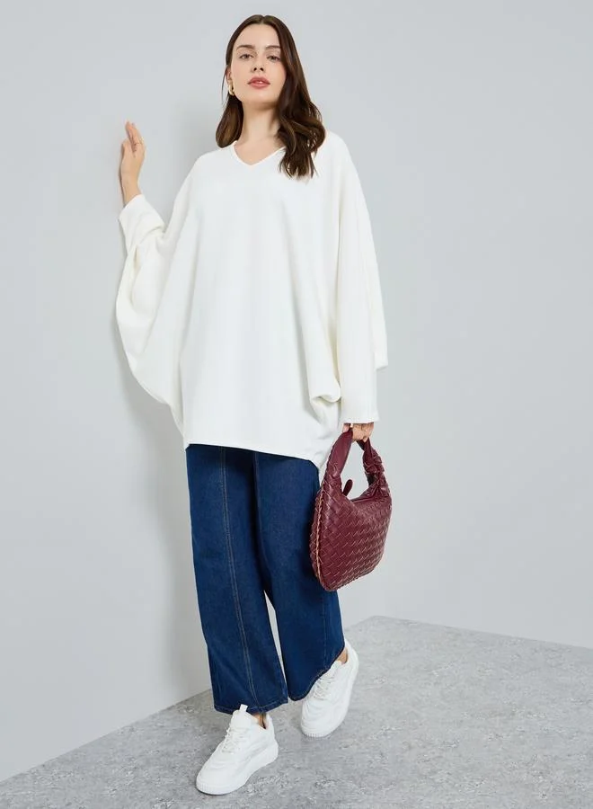 Styli Women White Batwing Sleeve Knit Top