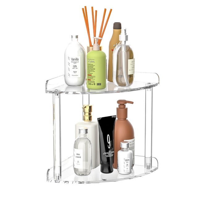 2 TIER COUNTERTOP CORNER ORGANIZER SHELF 7X7X8 INCH ACRYLIC BATHROOM ORGANIZER CORNER SHELF FOR COUNTERTOP CLEAR VANITY STORAGE ORGANIZER FOR SKINCARE COSMETICS PERFUME