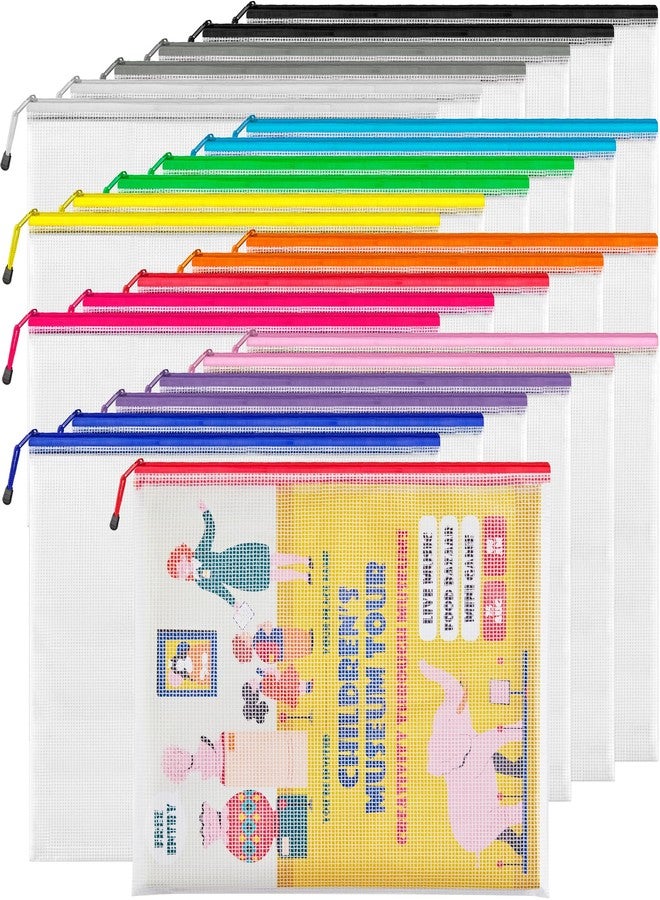 JARLINK A3 (16.9x12.4 in, 24 Pcs) Mesh Zipper Pouch, 12 Colors Extra Large Zipper Bags, Waterproof File Pouches for Office Supplies, Puzzles, Board Game, School, Travel Accessories& Craft Projects - Image 1