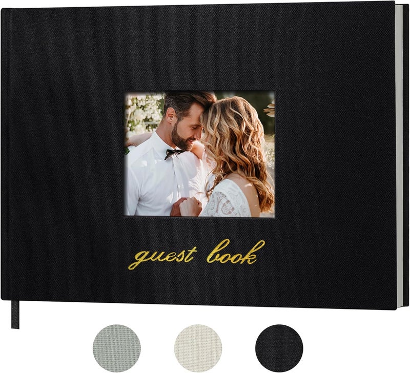 SUNEE Wedding Guest Book - Polaroid Guest Book Weddings Reception, Linen Cover 7" x 9" Guest Book for Baby Shower, Birthdays and Special Events, 100 Blank Pages for Wedding Sign in and Photos, Black - Image 1