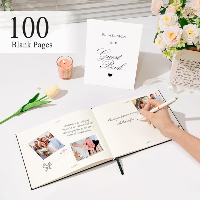 SUNEE Wedding Guest Book - Polaroid Guest Book Weddings Reception, Linen Cover 7" x 9" Guest Book for Baby Shower, Birthdays and Special Events, 100 Blank Pages for Wedding Sign in and Photos, Black - Image 3