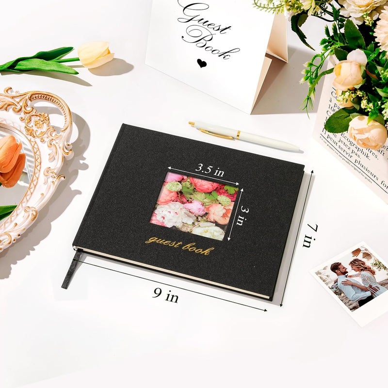 SUNEE Wedding Guest Book - Polaroid Guest Book Weddings Reception, Linen Cover 7" x 9" Guest Book for Baby Shower, Birthdays and Special Events, 100 Blank Pages for Wedding Sign in and Photos, Black - Image 2