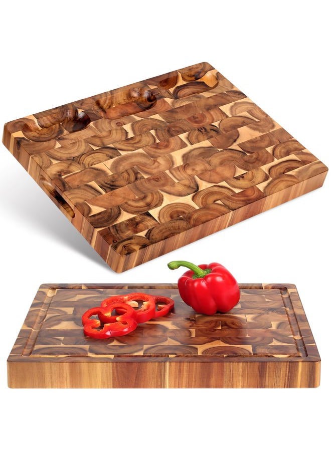 FANICHI Cutting Board (17x13x1,5in) End Grain Cutting Board, Acacia Wooden Cutting Board, Butcher Block, Chopping Board - Reversible Multipurpose For Kitchen with Juice Groove, Cracker Holder & Inner Handles. - Image 1
