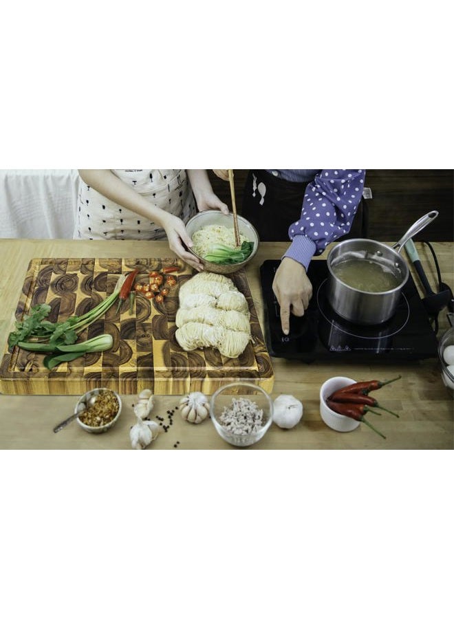 FANICHI Cutting Board (17x13x1,5in) End Grain Cutting Board, Acacia Wooden Cutting Board, Butcher Block, Chopping Board - Reversible Multipurpose For Kitchen with Juice Groove, Cracker Holder & Inner Handles. - Image 3