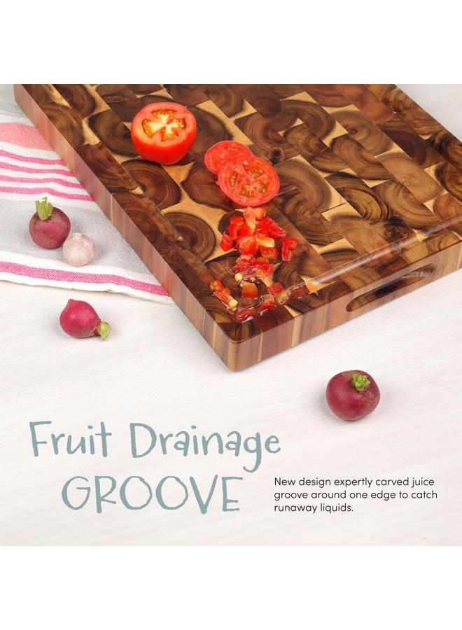 FANICHI Cutting Board (17x13x1,5in) End Grain Cutting Board, Acacia Wooden Cutting Board, Butcher Block, Chopping Board - Reversible Multipurpose For Kitchen with Juice Groove, Cracker Holder & Inner Handles. - Image 4