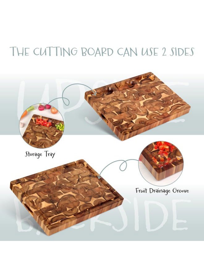 FANICHI Cutting Board (17x13x1,5in) End Grain Cutting Board, Acacia Wooden Cutting Board, Butcher Block, Chopping Board - Reversible Multipurpose For Kitchen with Juice Groove, Cracker Holder & Inner Handles. - Image 2