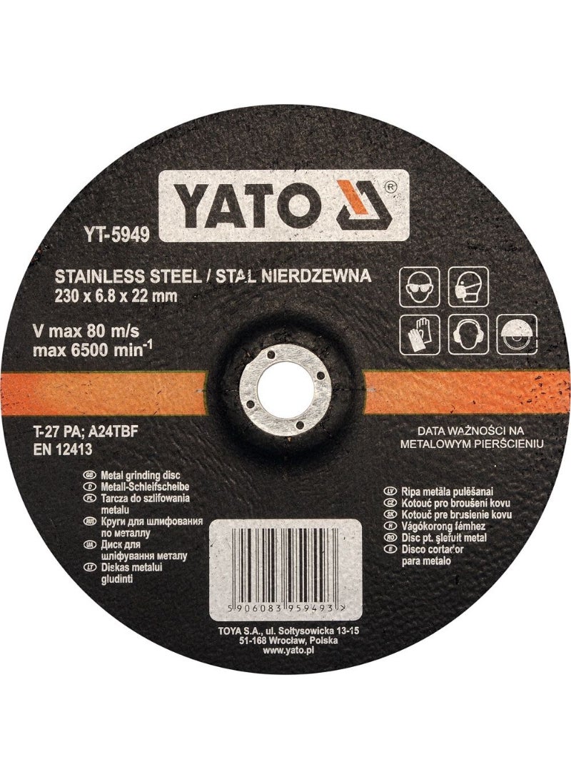 YATO Inox Metal Grinding Disc 230x6.8x22mm Depressed Center  YT-5949