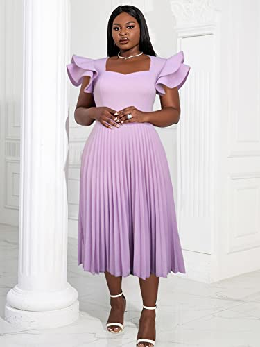 AOMEI Women's Light Purple Square Collar Ruffles Sleeve Pleated Elegant Midi Dress (4XL,4X-Large) - Image 2